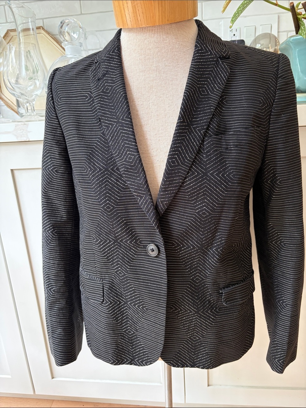 Dries Van Noten Black w gine white Geometric Print Single-Button Blazer